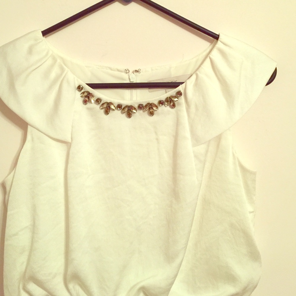 Cream LOFT Jeweled Neck Dress